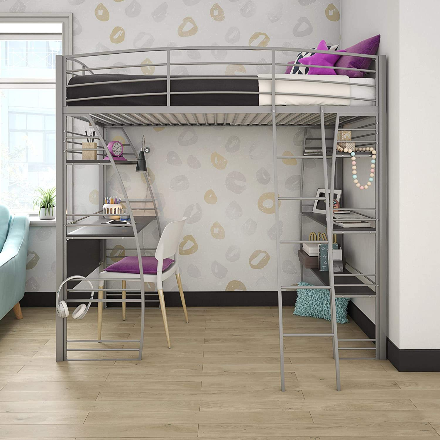 A fancy loft bed with a desk underneath. Desks make great bunk bed accessories. 