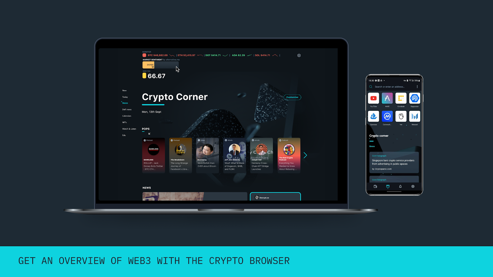 Opera Crypto Browser beta on desktop and mobile showing the Crypto Corner