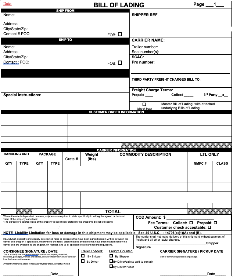 Example Bill of Lading
