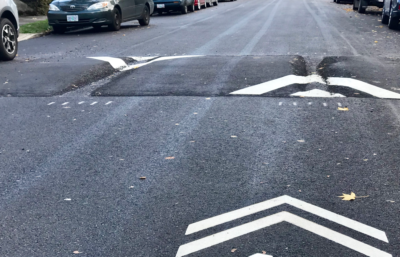 Example of a speed hump with a cutout in each direction for bike wheels.