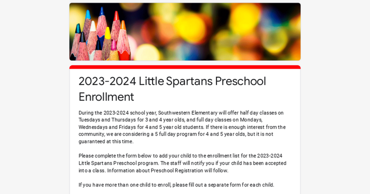 2023-2024 Little Spartans Preschool Enrollment