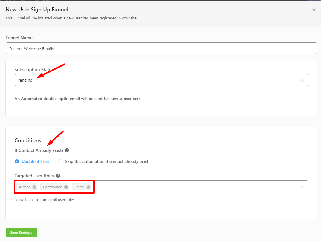 configuring fluentcrm new user registration trigger