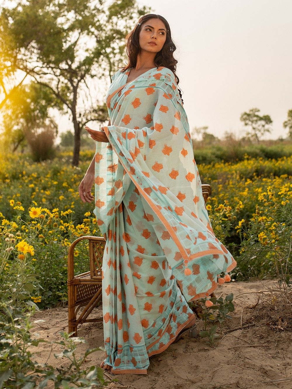 the loom-Blue Printed Muslin Cotton Saree