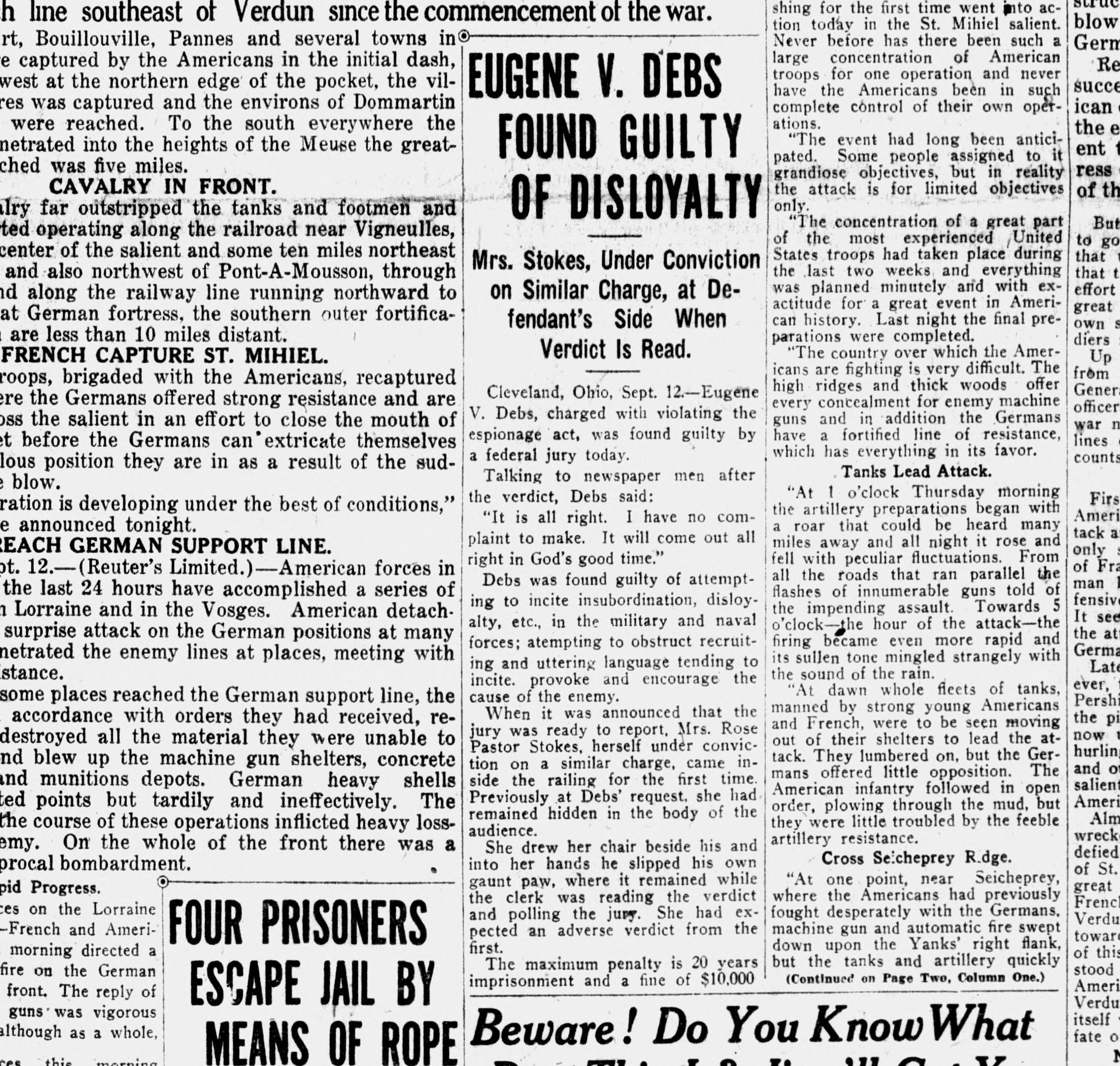 Eugene V. Debs Found Guilty of Disloyalty, Omaha daily bee. (Omaha [Neb.]), 13 Sept. 1918. Chronicling America: Historic American Newspapers. Lib. of Congress. <https://chroniclingamerica.loc.gov/lccn/sn99021999/1918-09-13/ed-1/seq-1/>