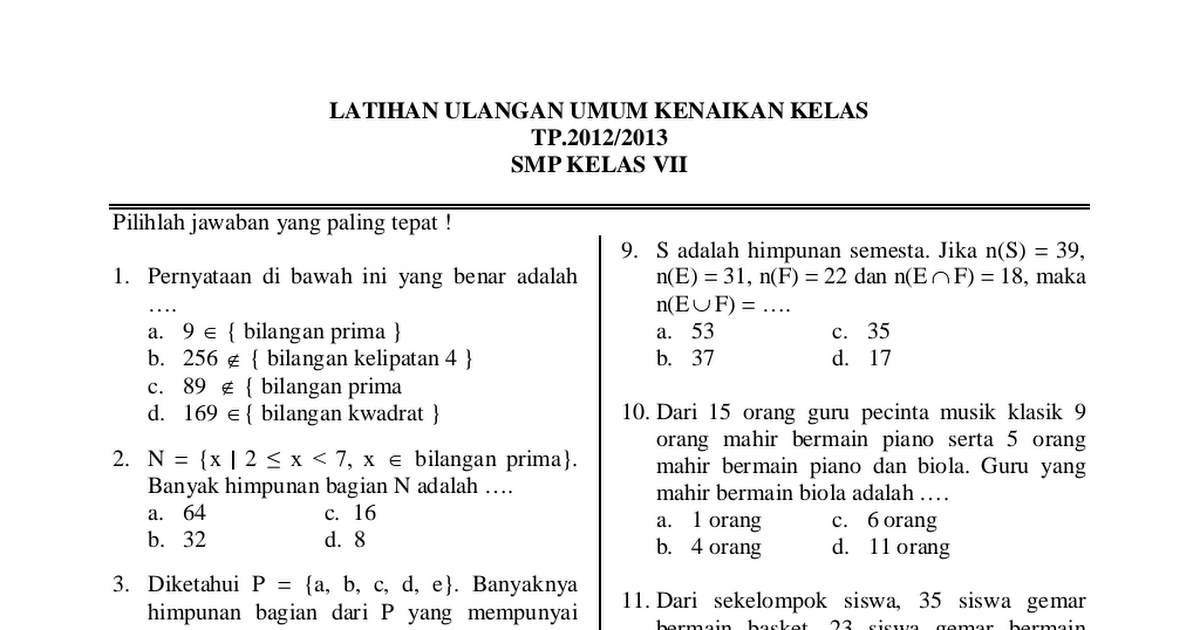 Contoh Soal Matematika Kelas 7 Smp Semester 2