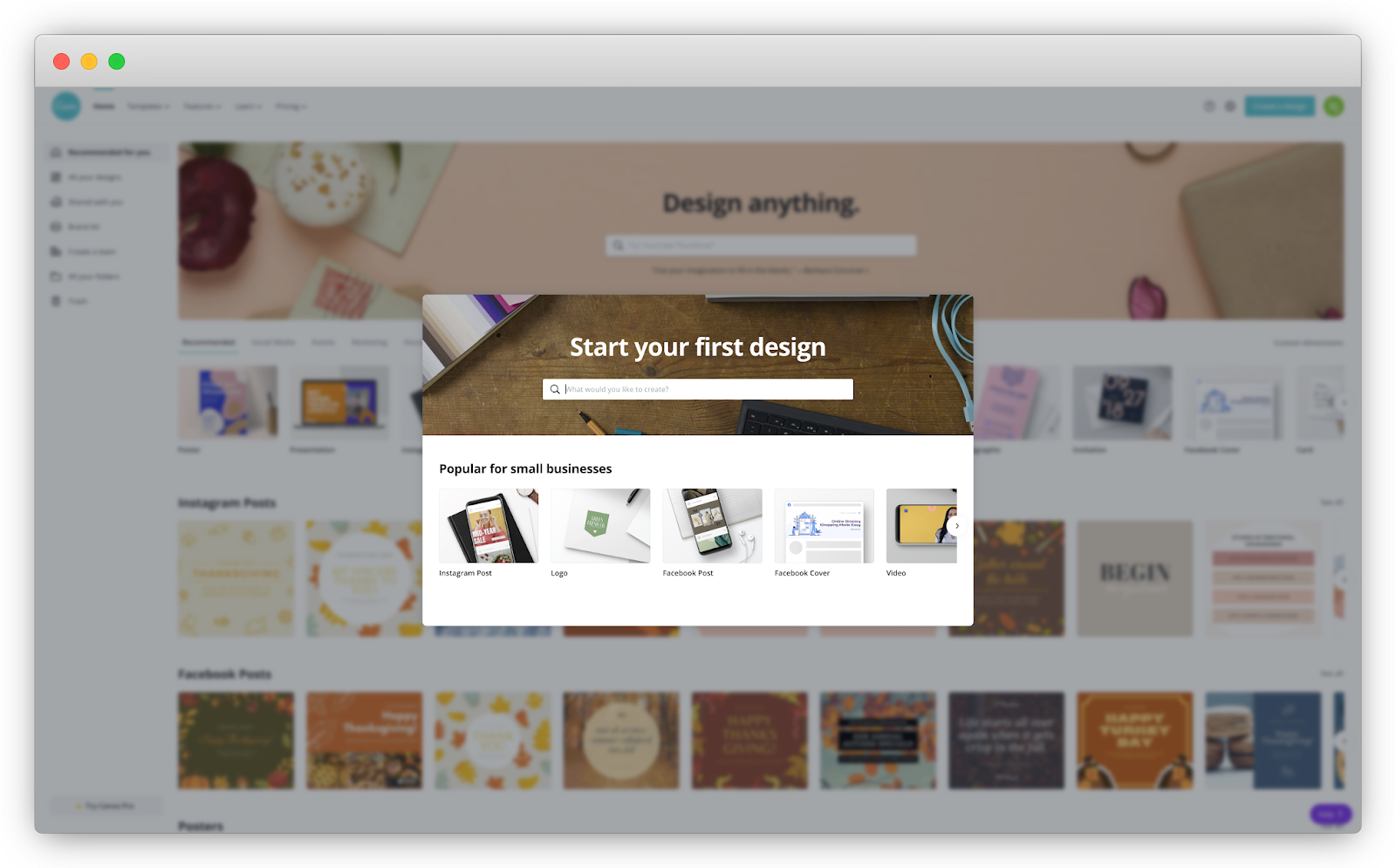 A screenshot of Canva prompting users to pick a template