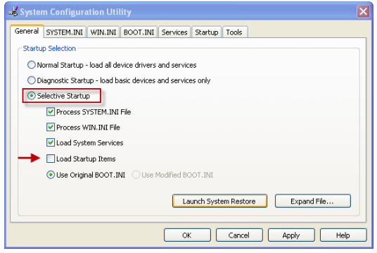 System Configuration Utility - Selective Startup & check Mark Load Startup Items