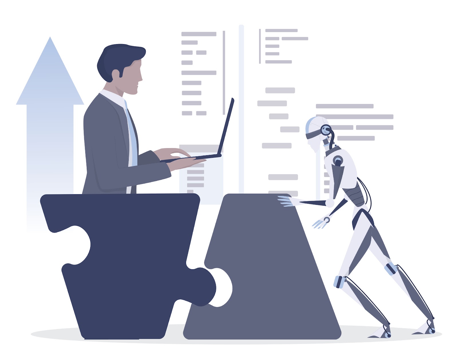 Imagem criada digitalmente por meio de vetores na qual um homem vestido de terno segura um notebook, enquanto vemos um robô caminhando em sua direção, ilustrando a importância dos avanços tecnológicos para software de gestão.