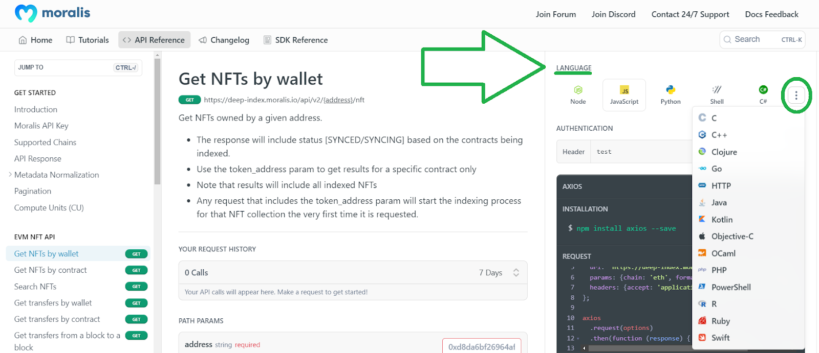 get nfts by wallet documentation page