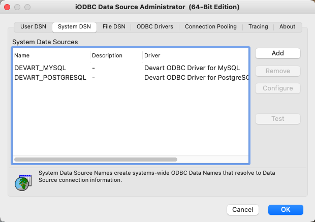 The iODBC Driver Manager showing System DSN. Two DSN templates were included in the installation of the MySQL and PostgreSQL drivers from Devart.