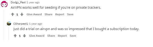 Reddit comments about AirVPN torrenting