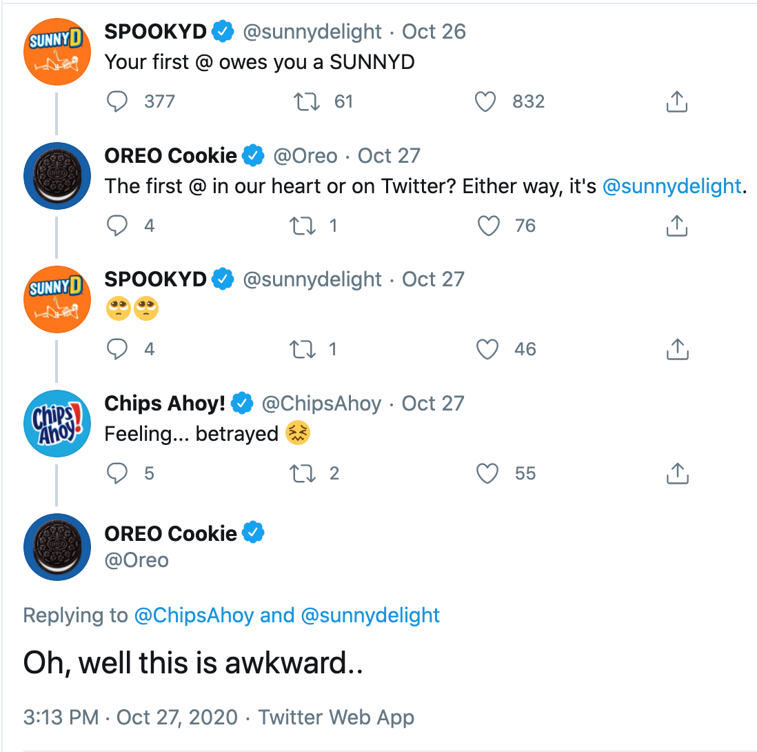 Screenshot of a Twitter thread between SPOOKYD, Oreo, and Chips Ahoy on meaningful dialogue