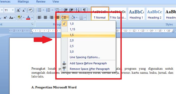 Cara Mengatur Spasi Antar Paragraf: Masuk ke menu “Home” dan cari sub menu “Paragraph”, kemudian klik ikon “Line Spacing” seperti pengaturan paragraf antar baris yang sudah dijelaskan