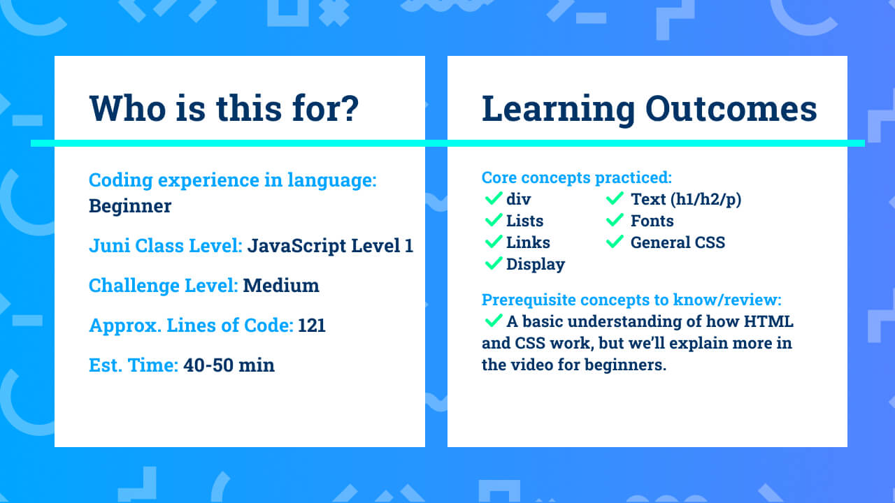 The learning outcomes for beginner HTML/CSS coding project Personal Website.