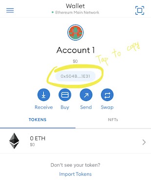To find your Metamask wallet ID, follow above image and tap the yellow circle in your metamask wallet app. 打開metamask wallet app, 按照上圖黃色圈圈的位置按一下來複製 Metamask wallet ID