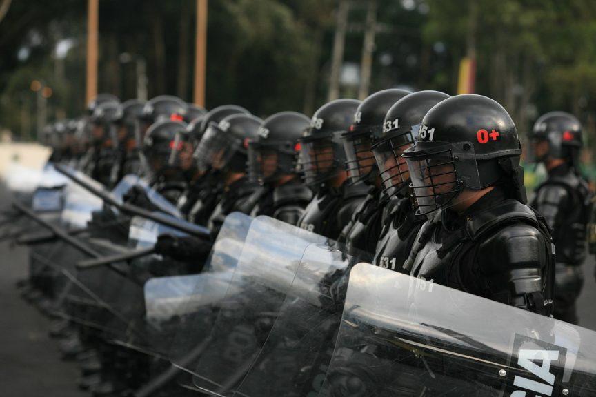 Colombia's special riot police, ESMAD, line up in Bogota
