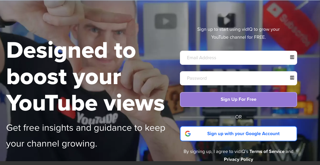 VIDIQ homepage for youtube analytics