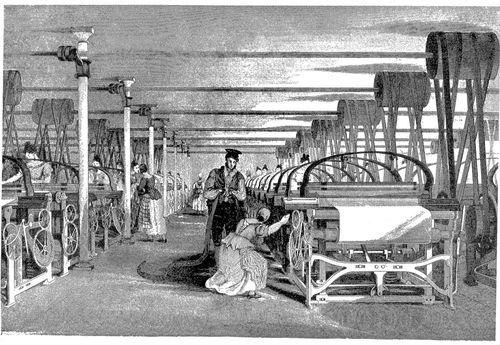 A woman worker at a power loom with a male supervisor looming over her.