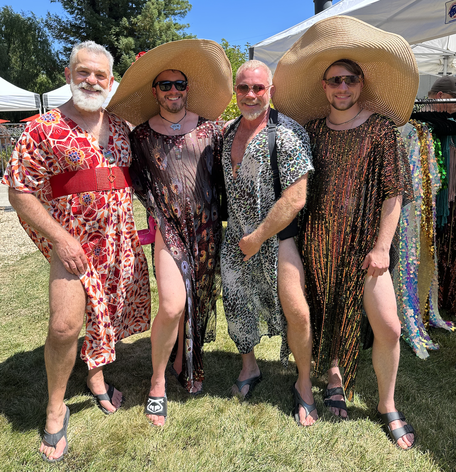 four gay males wearing sexy beach cover-ups during lazy bear week 2023