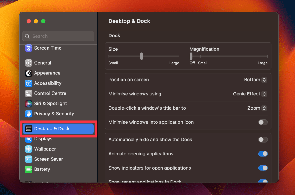 click desktop and dock in system settings
