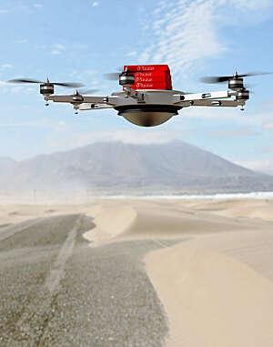 Футуристическое фото дрона, доставляющего ярко-красные коробки из-под пиццы в песчаной пустыне.