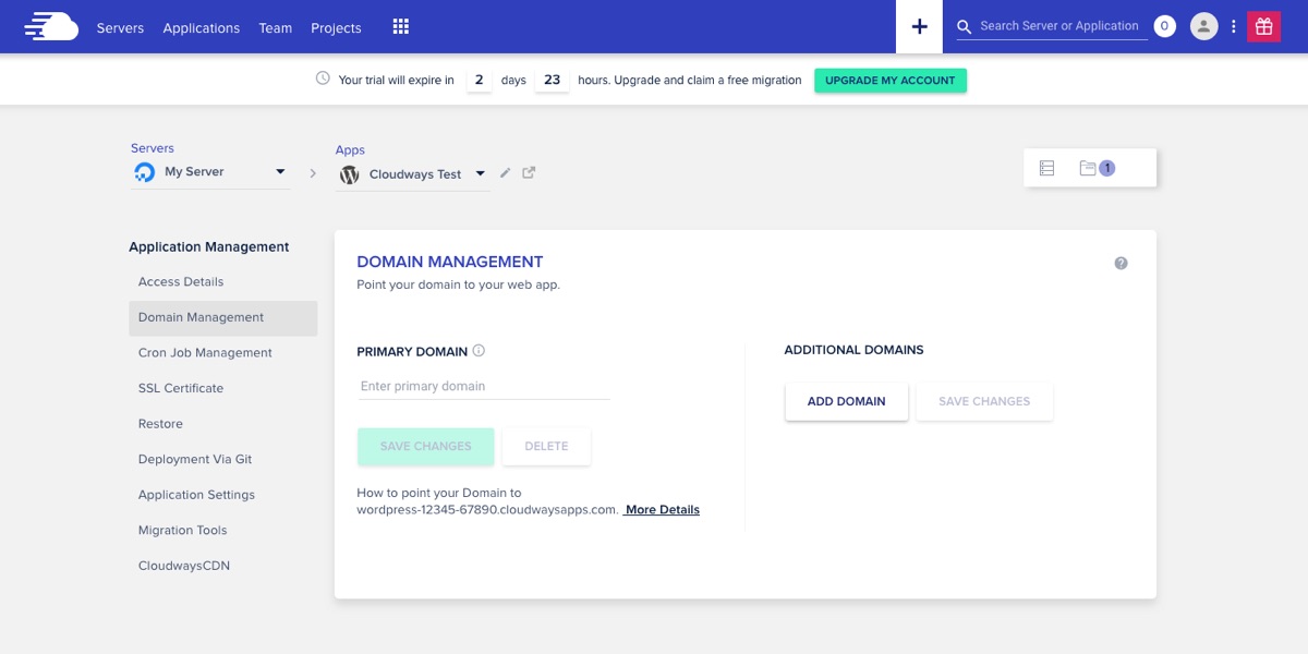 Gerenciamento de domínio de aplicativo Cloudways
