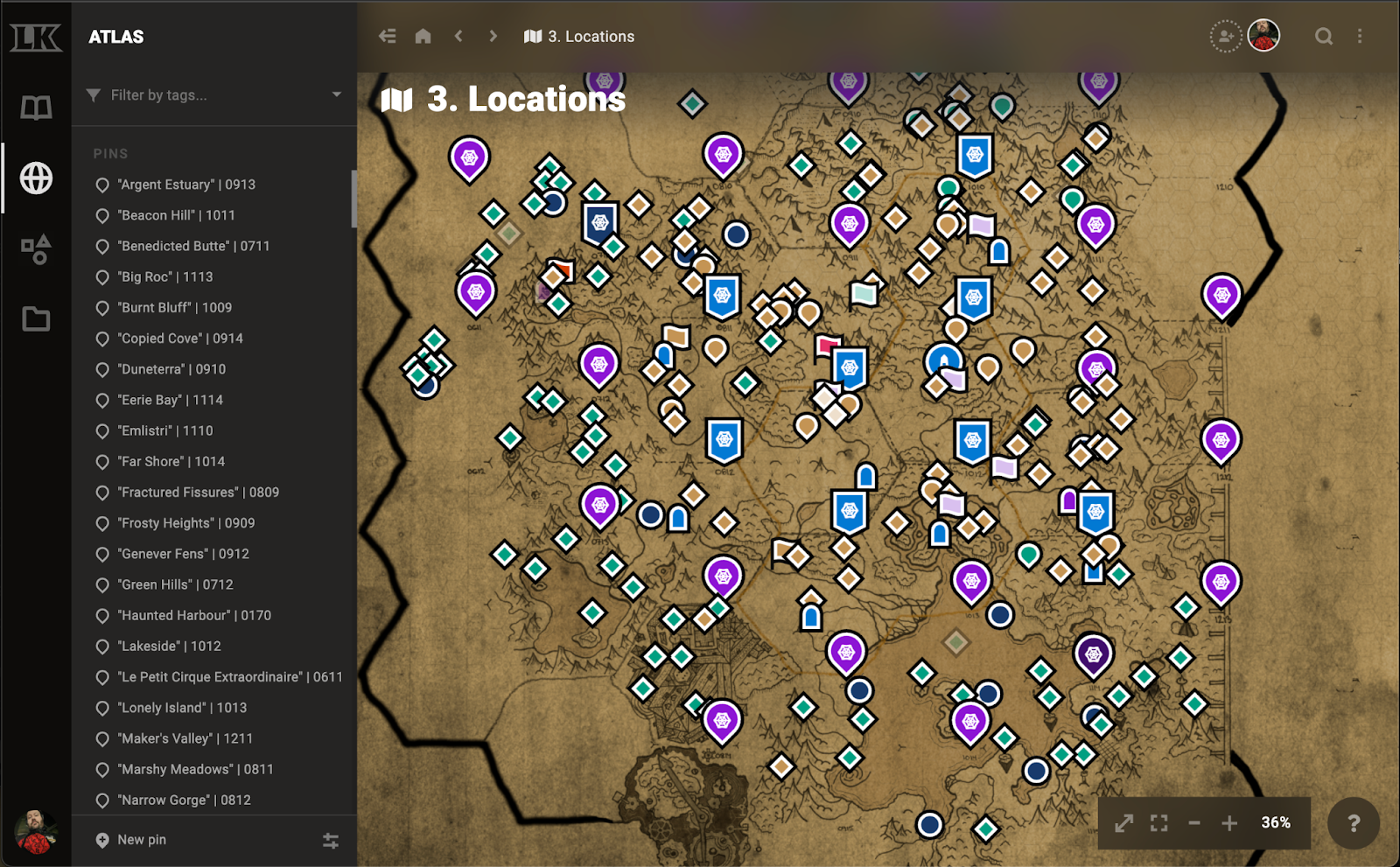Pinned hexcrawl map for West Marches in LegendKeeper.