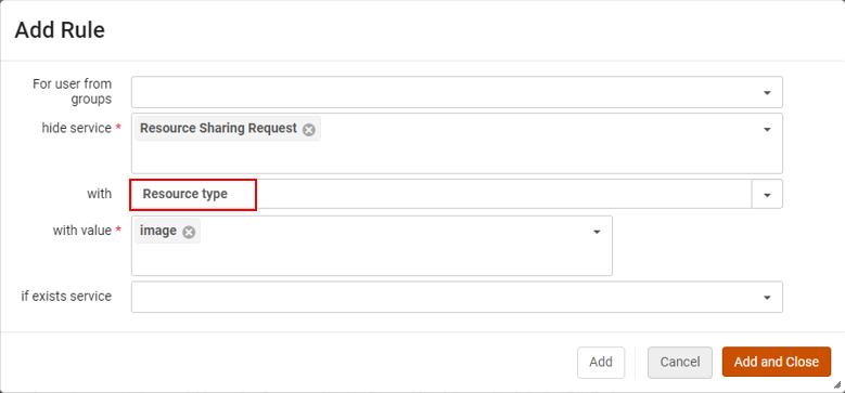 The option to hide a service for a resource sharing request with a resource type.