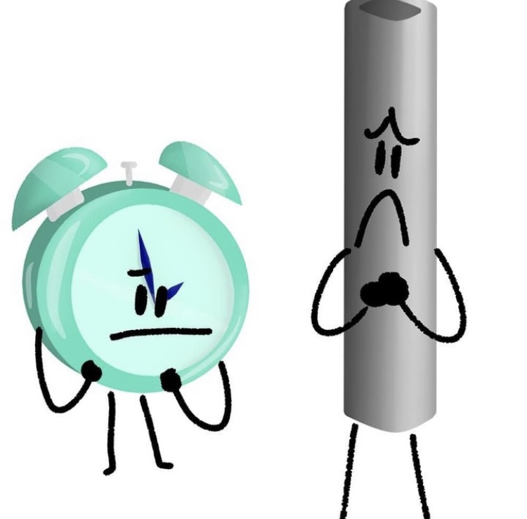 Art which Timey and Metal Straw both stand with distressed expressions, Timey looking slightly nervous and Metal Straw having a big frown, holding her hands together. The background is white.