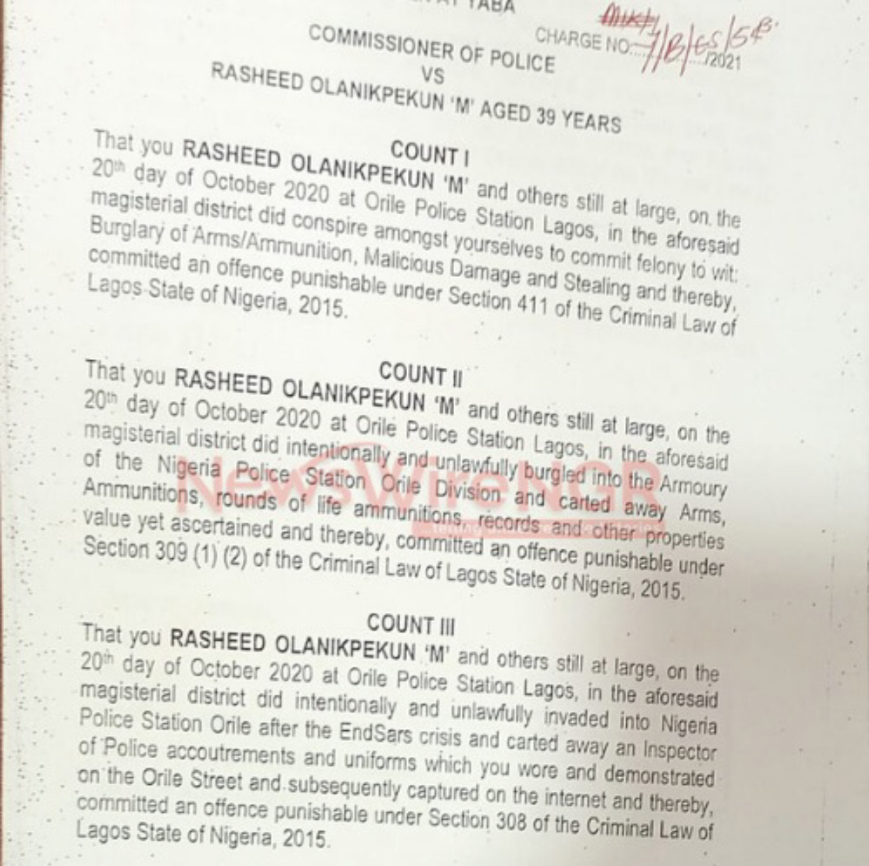 charge sheets of persons arrested in connection with the EndSARS protest in Lagos - NewsWireNGR