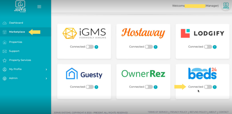 Image of Jervis Systems marketplace and Beds24 highlighted