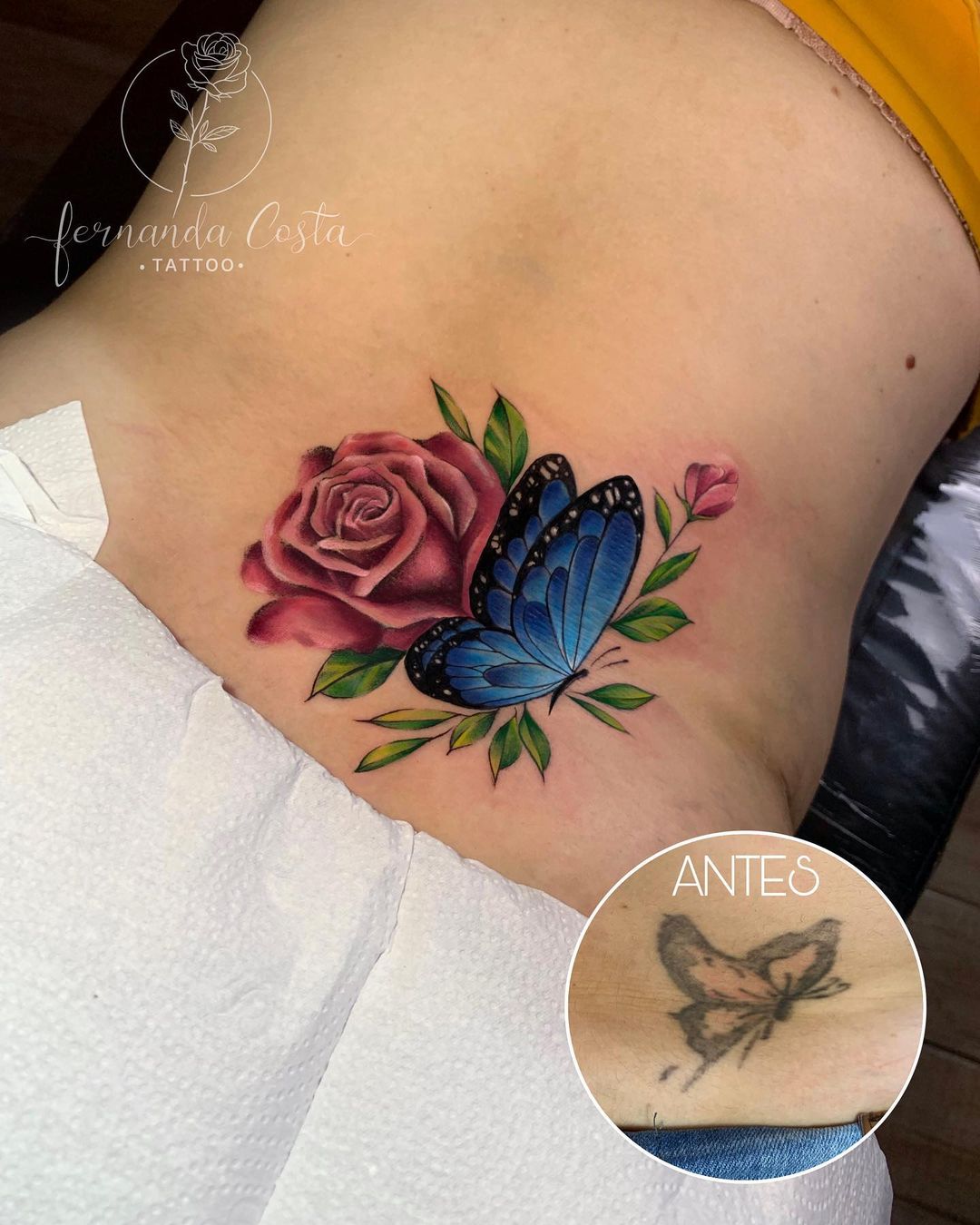 Blue Butterfly And Red Rose Tattoo