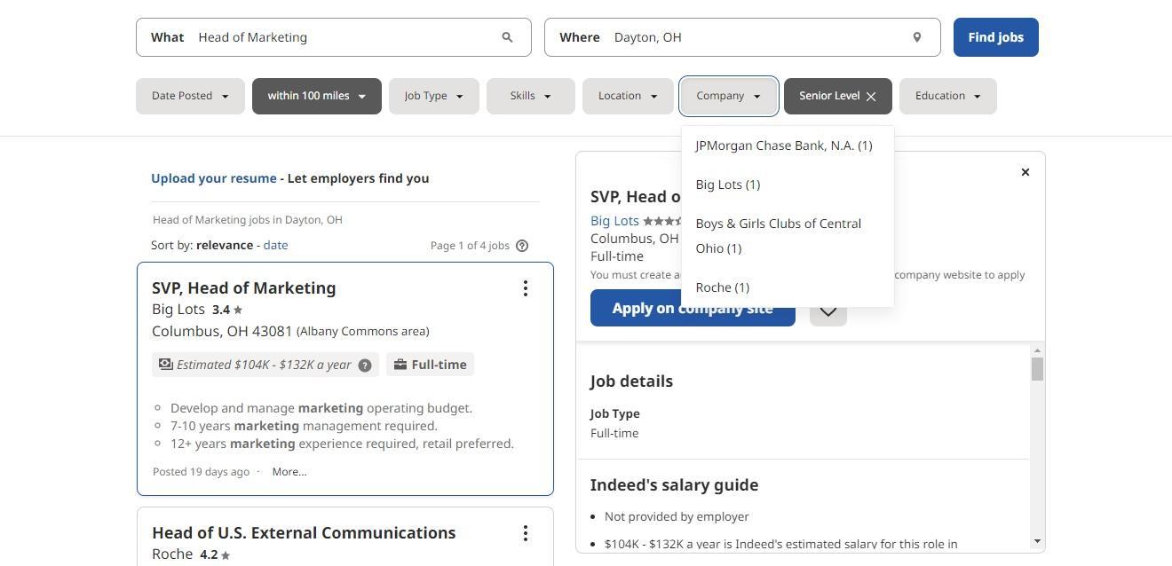 Indeed search results page for “Head of Marketing” that showcases the benefit of filtering results to find prospect data.