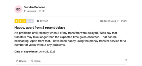 A three-star Wise review from a customer who experienced transfer delays. 
