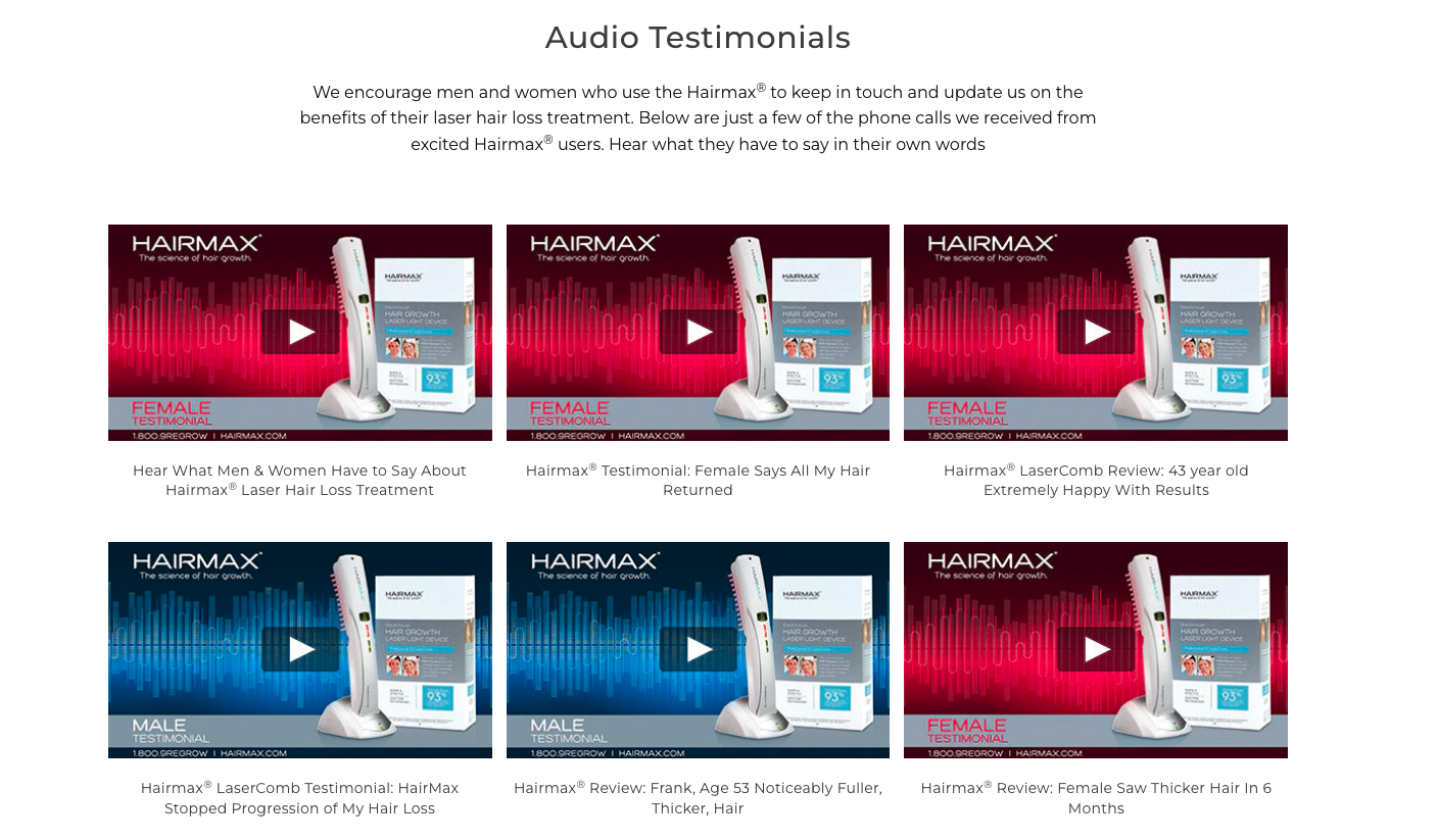 Hairmax E-Commerce Customer Testimonials Example