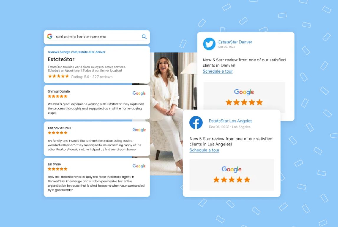 Image shows how real estate businesses can boost online reputation by sharing positive reviews on social media platforms