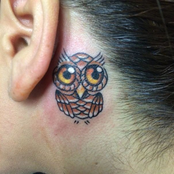 Cartoon Owl Behind The Ear Tattoo
