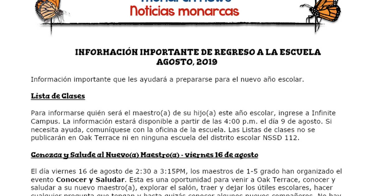 2019-2020 Welcome Packet spanish