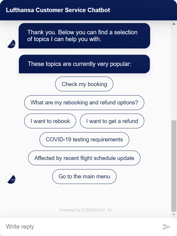 An open text message between a customer and flight provider Lufthansa. A list of common queries is available on the screen for a passenger to click on. 