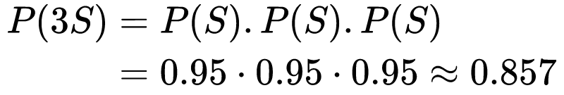 \begin{equation} 
\begin{split}
P(3S) &= P(S).P(S).P(S) \\
&= 0.95 \cdot 0.95 \cdot 0.95 \approx 0.857
\end{split}
\end{equation}