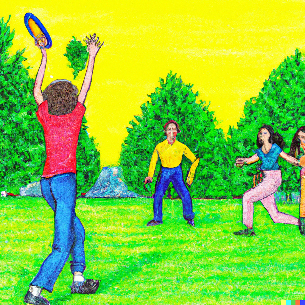 a colored pencil drawing of a person engaging in play in a natural setting, such as a park playing with a frisbee with friends or family with a look of joy on their face. The joy and excitement of play, can enhance both personal and professional experiences.