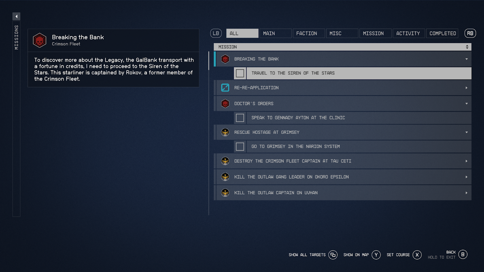 An in game screenshot of the mission menu from the game Starfield.