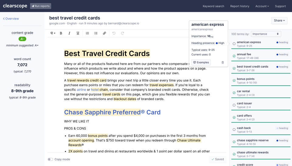 A demonstration of Clearscope's tools and abilities; the text is all about the best travel credit cards. The grade and word count are on the left, and the keyword searches are on the right.  