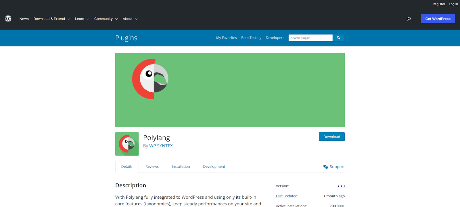Polylang plugin in the WordPress plugin library