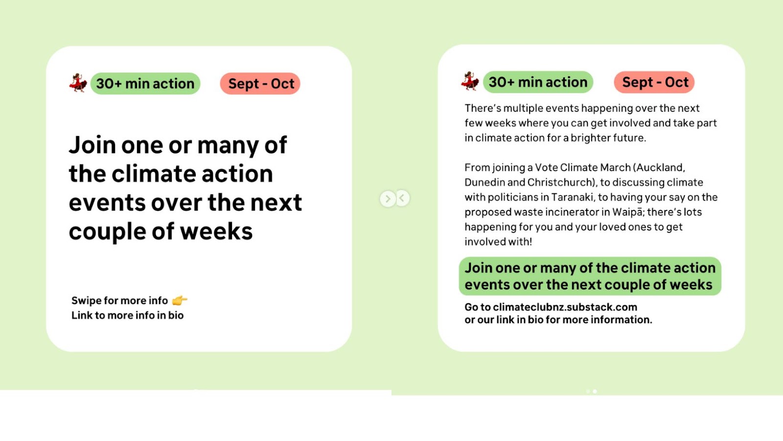 Two text macros for instagram, for a 30 minute action: Join one of many of the climate action events over the next couple of weeks