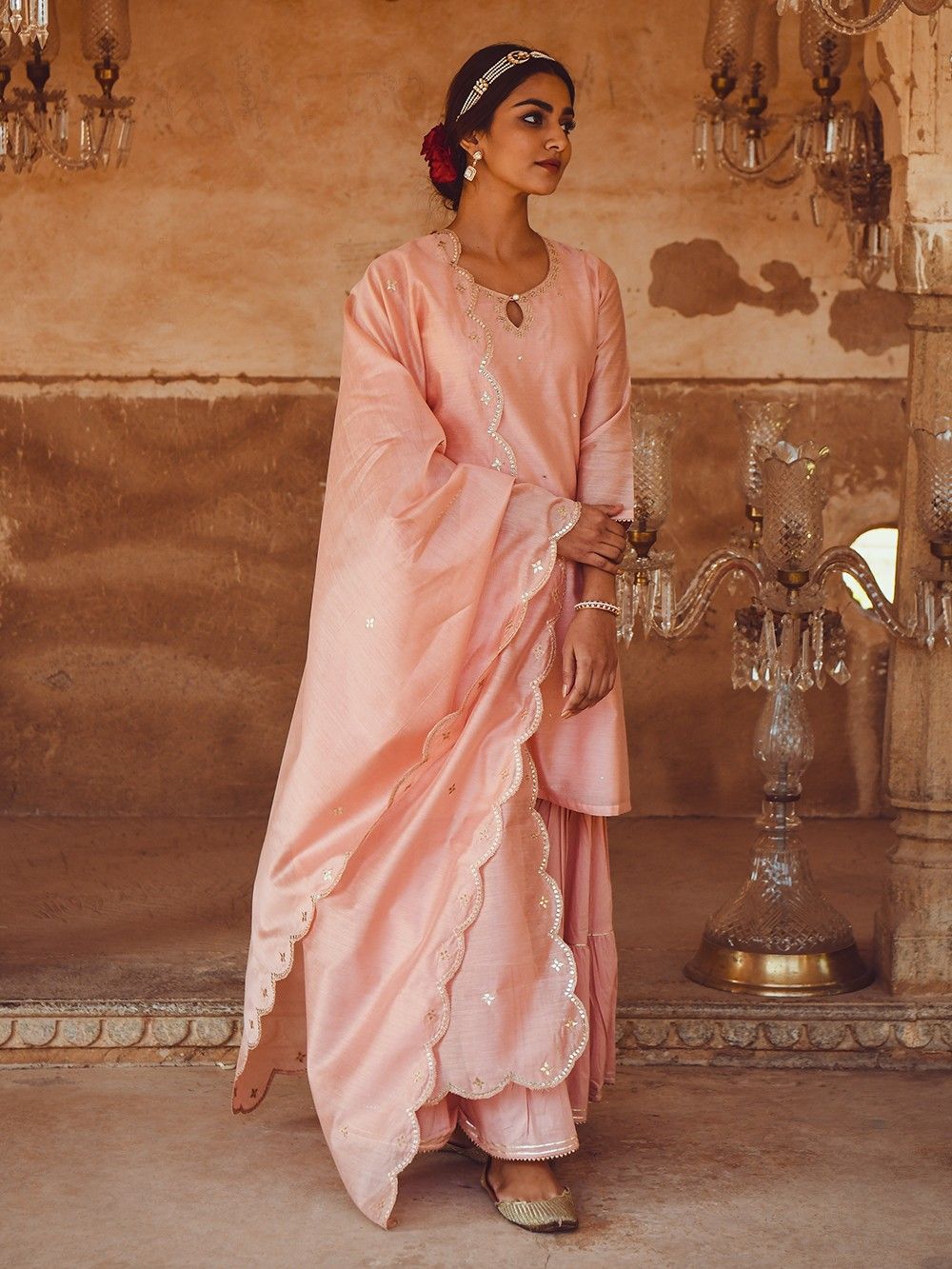 the loom-Peach Gota Patti Work Chanderi Kurta