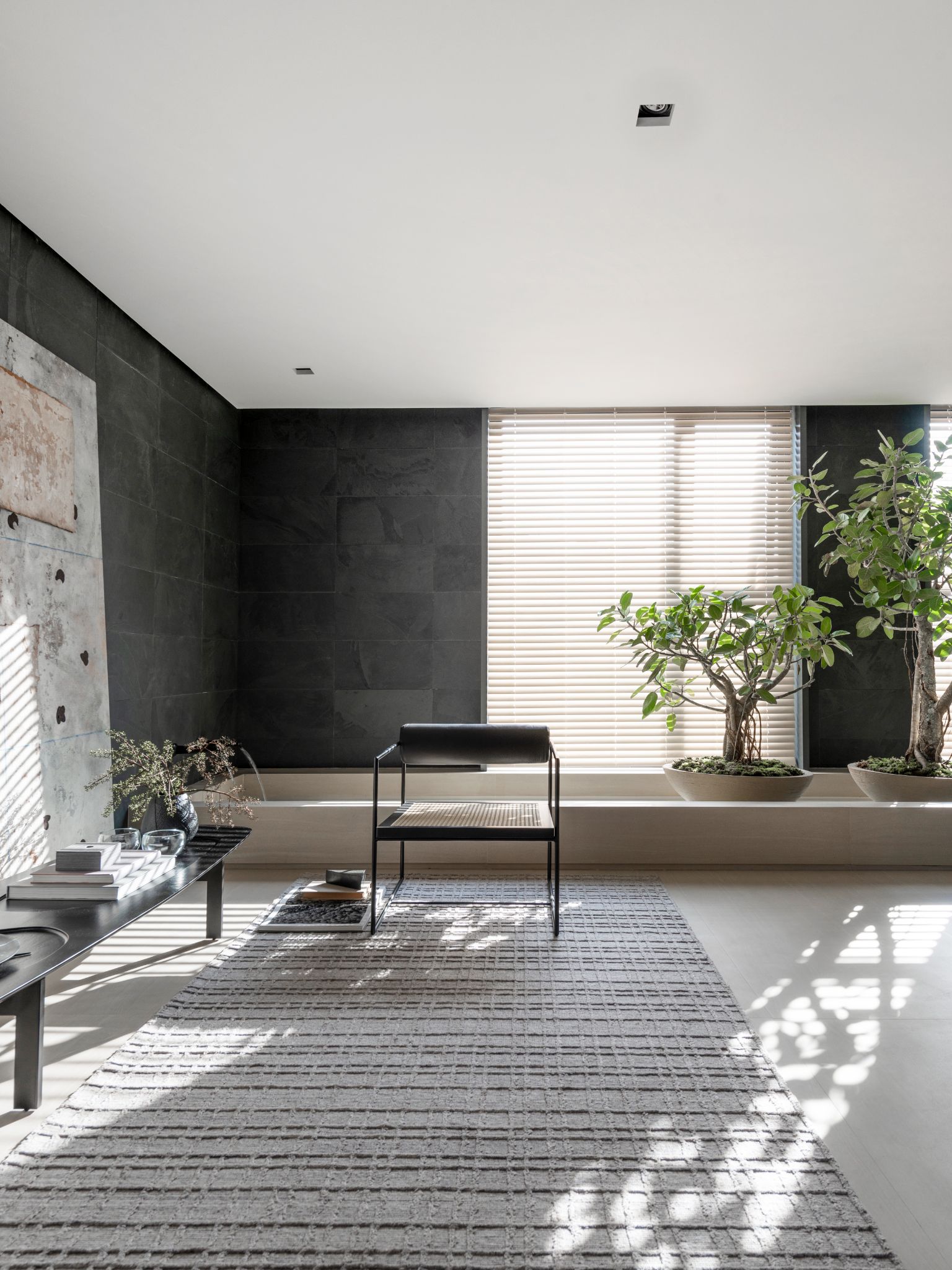 Ambiente com piso branco, tapete cinza, revestimento preto nas paredes, canteiro com vaso de planta e cadeiras pretas