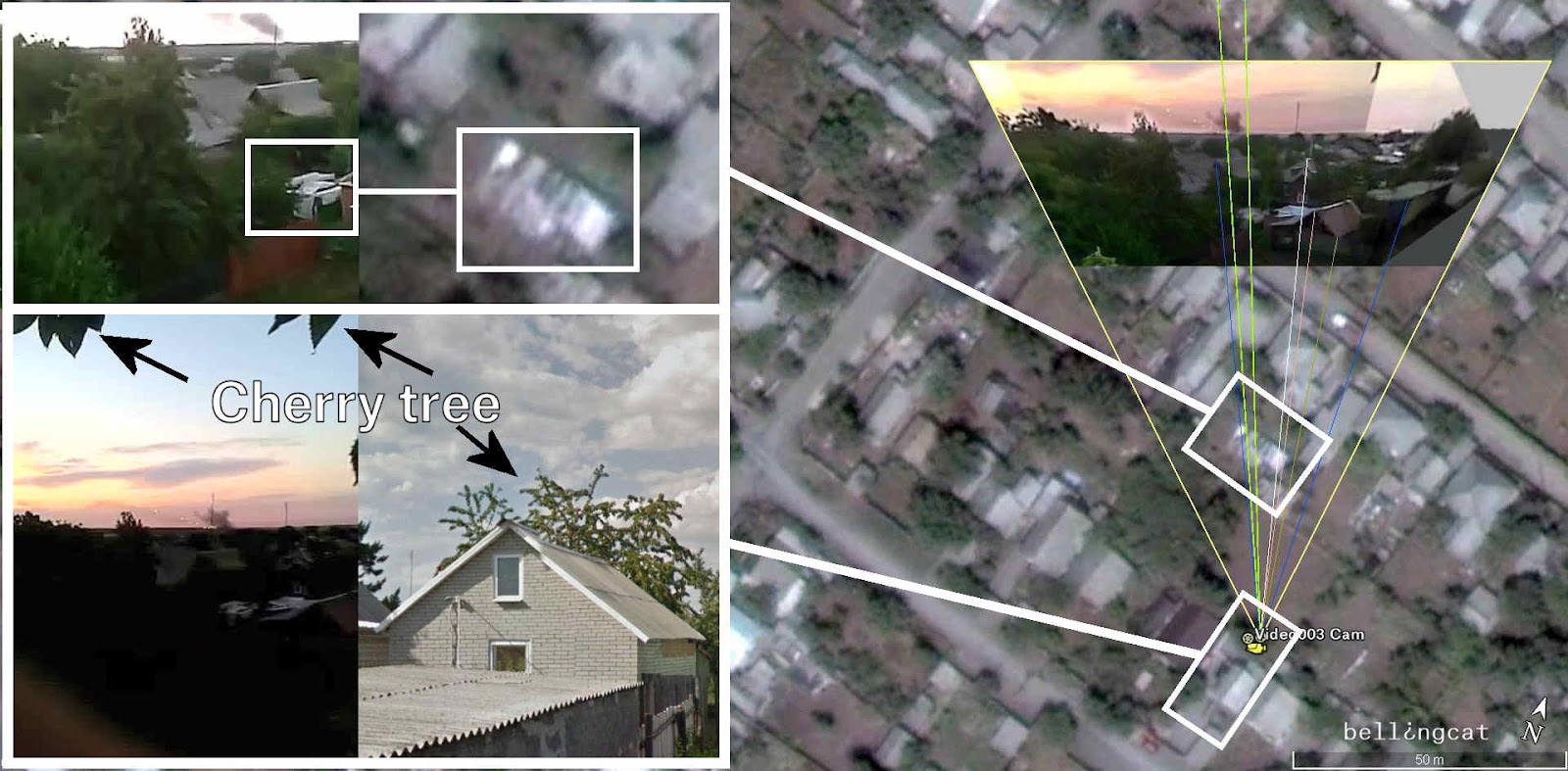 Camera location Video003 – yellow-green lines in the middle point towards the firing position