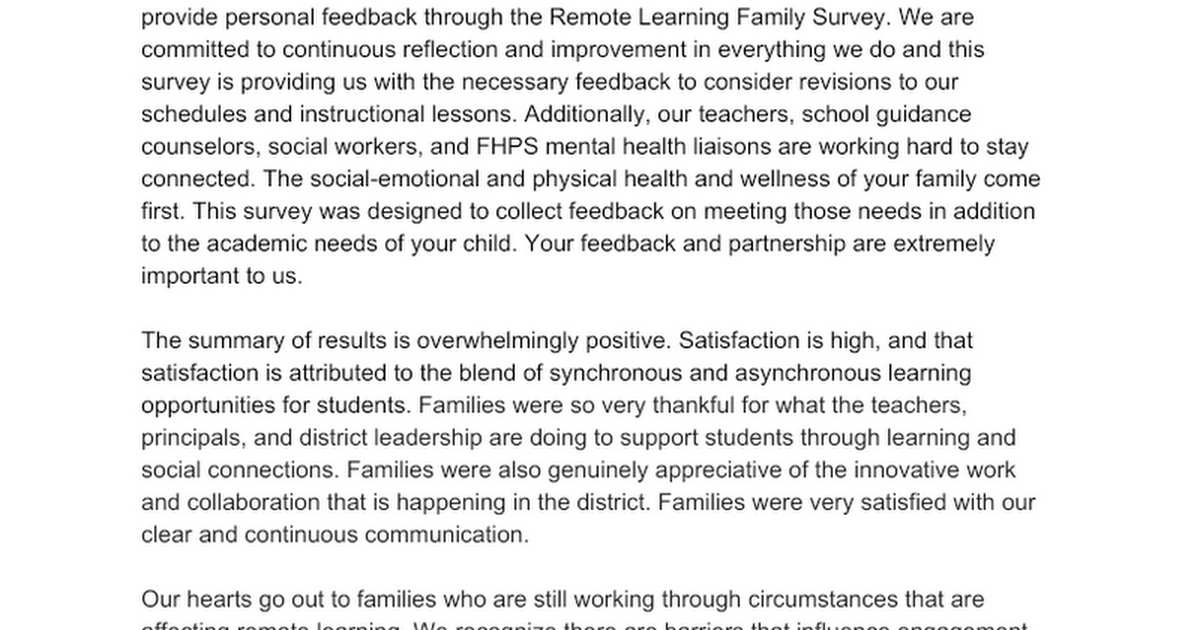 PR Remote Learning Family Survey Response May 8, 2020