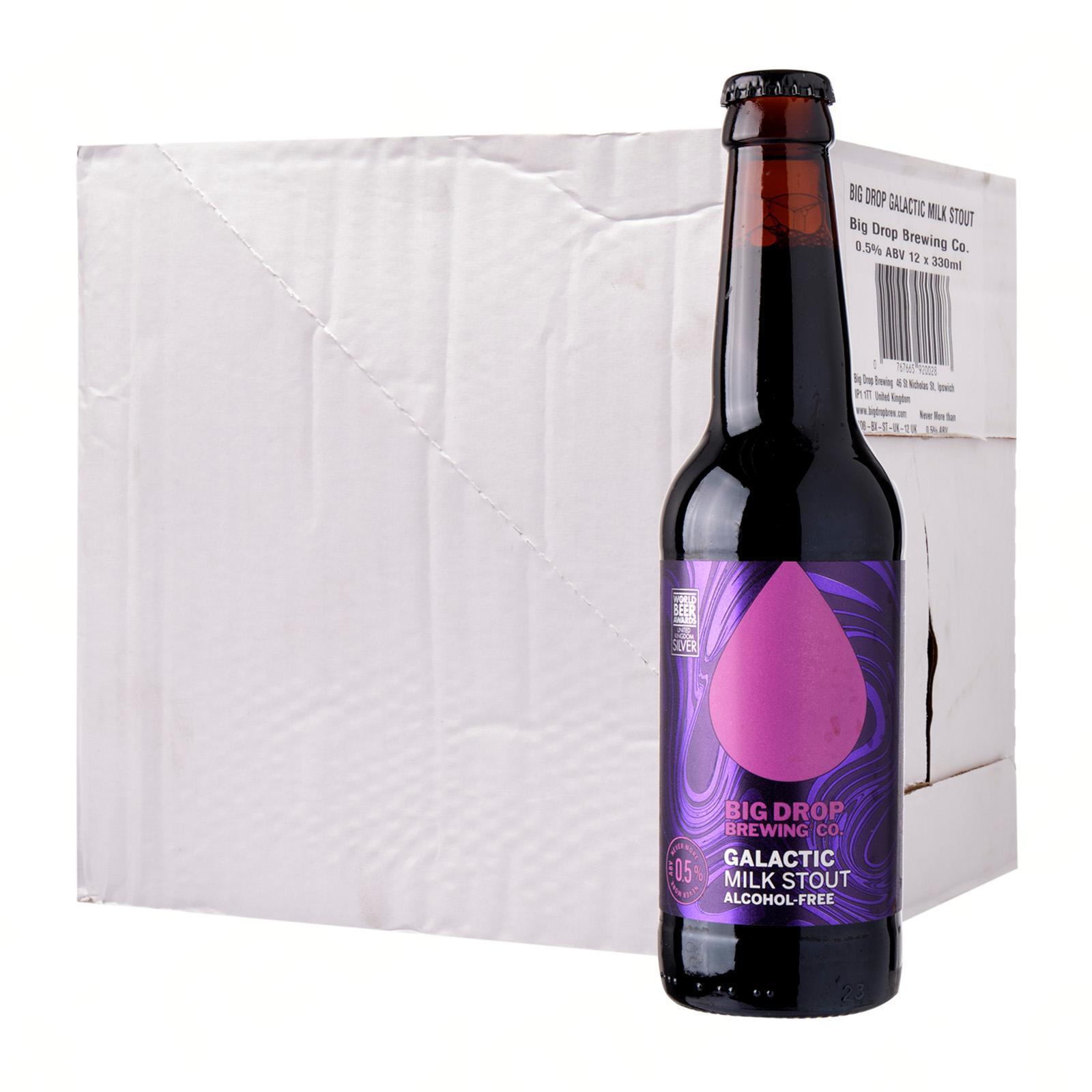 Unponened bottle of Big Drop Galactic Milk Stout with a cardboard package